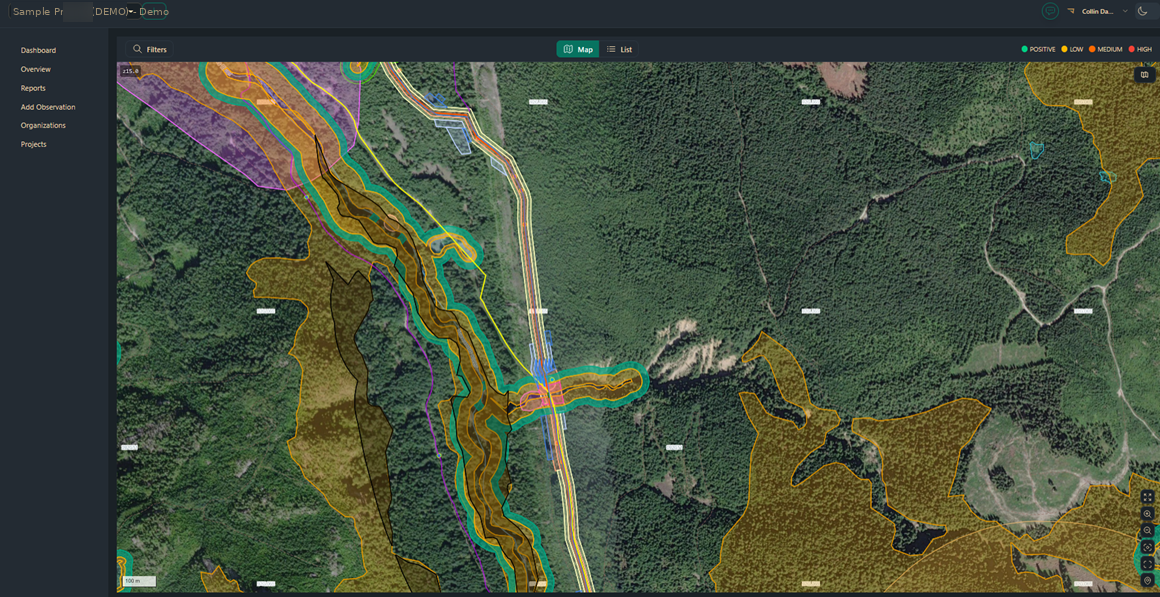 BirdDog map view with operational data layers (wells, pipelines, watercourses, reference grids) overlaid on satellite imagery