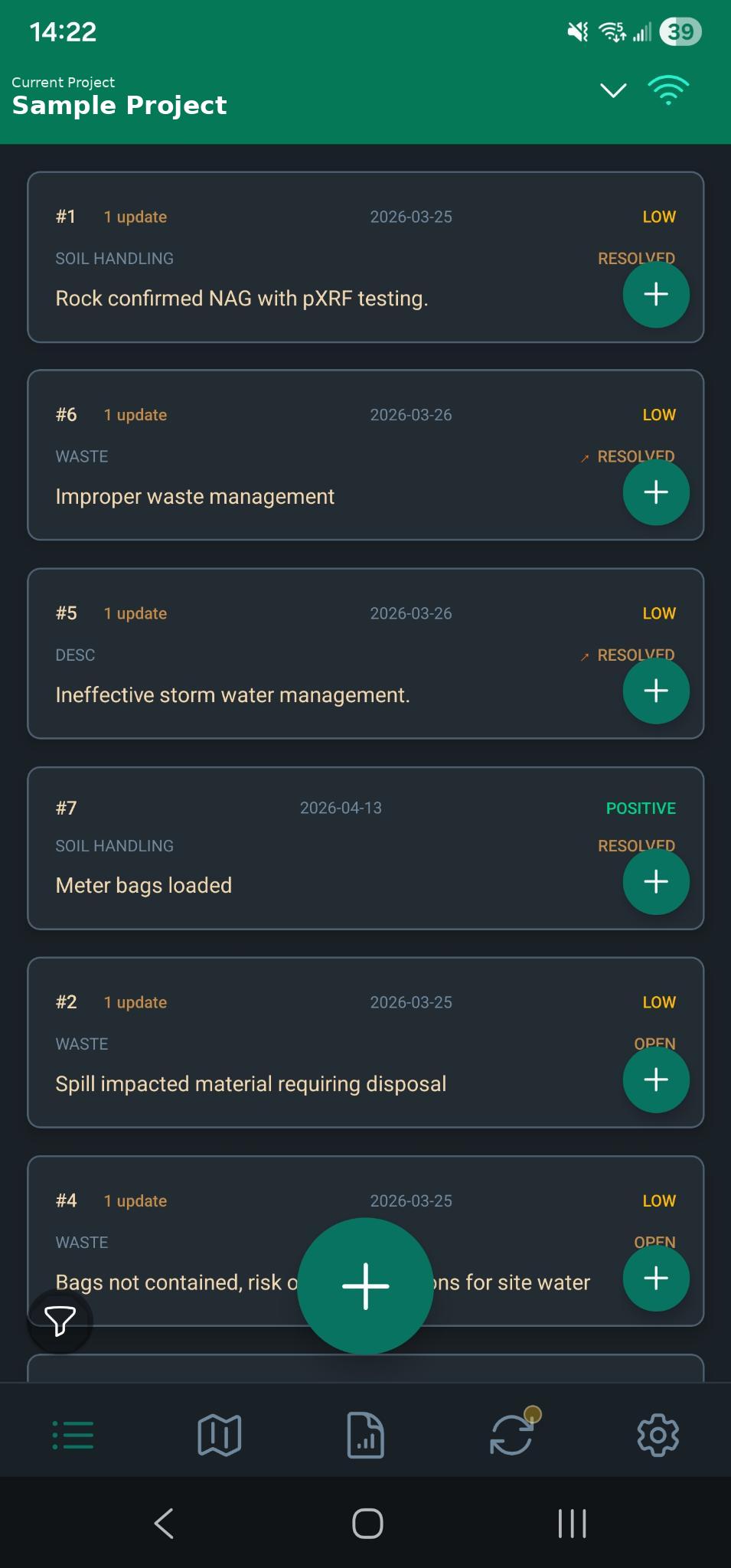 BirdDog mobile app showing a list of field observations with risk-rank badges and category tags