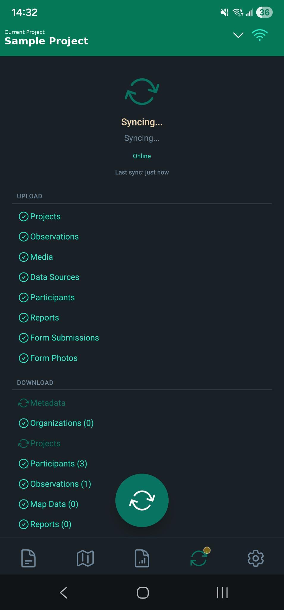 BirdDog sync screen showing successful upload of projects, observations, media, reports, and form submissions